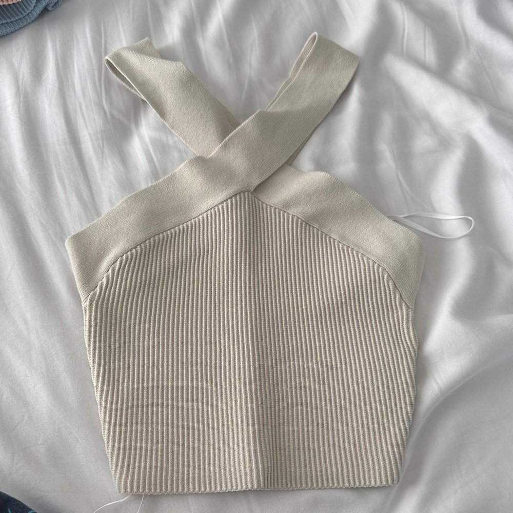Aritzia Beige Ribbed Cross-Back Crop Top